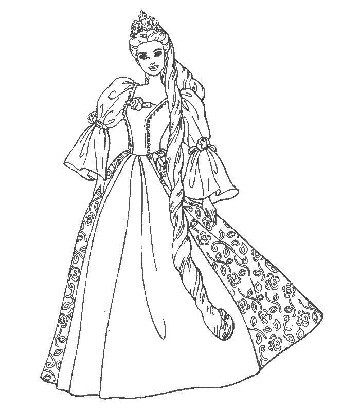 Название: Раскраска Принцесса в красивом платье. Категория: Принцессы. Теги: барби, девочка, кукла, барби.