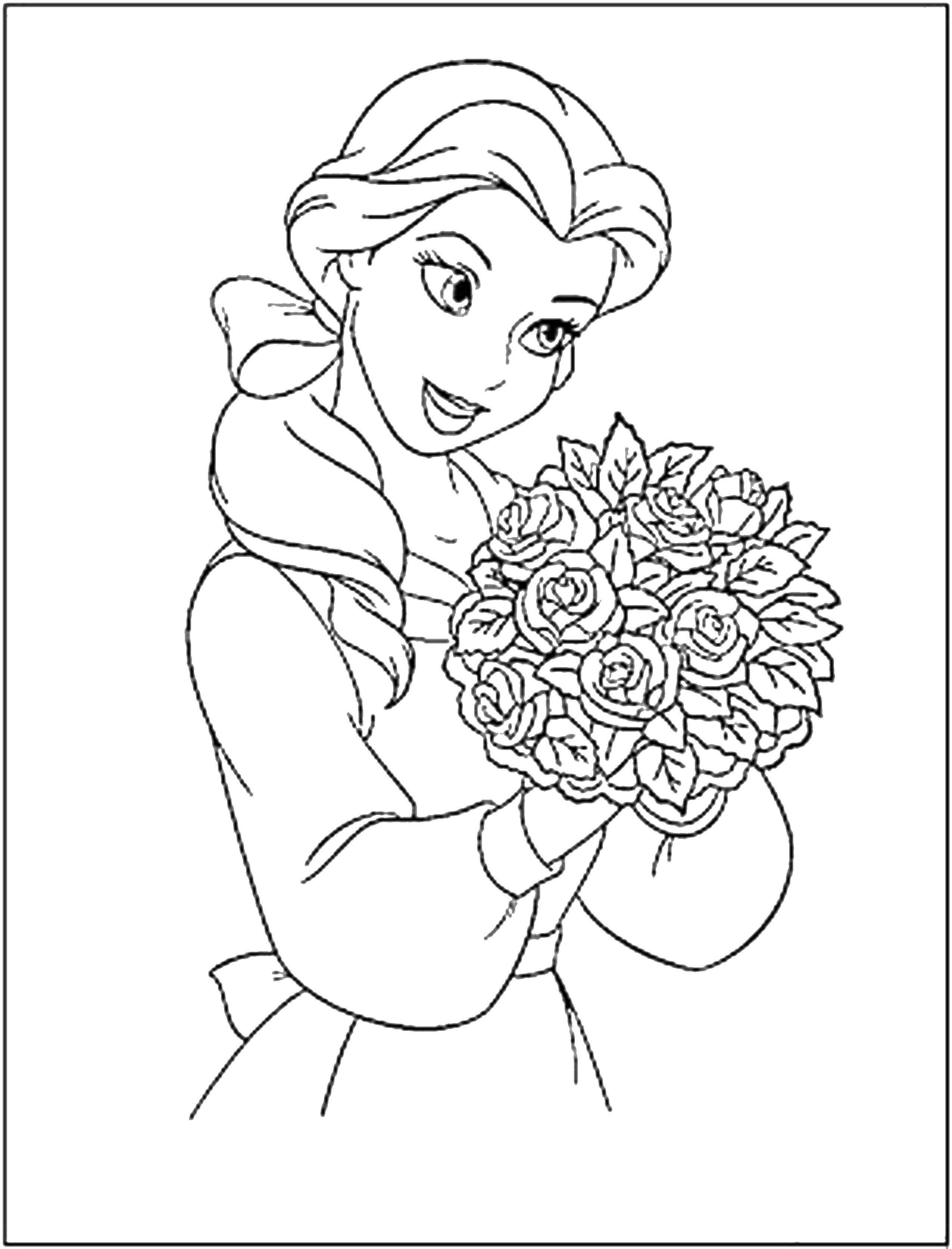 Название: Раскраска Красивая принцесса с букетом роз. Категория: Принцессы. Теги: принцессы, цветы, розы.