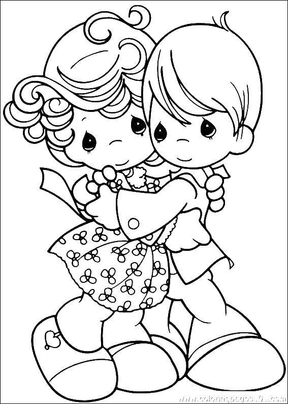 Название: Раскраска Мальчик и девочка обнимаются. Категория: дети. Теги: дети, девочка, мальчик.