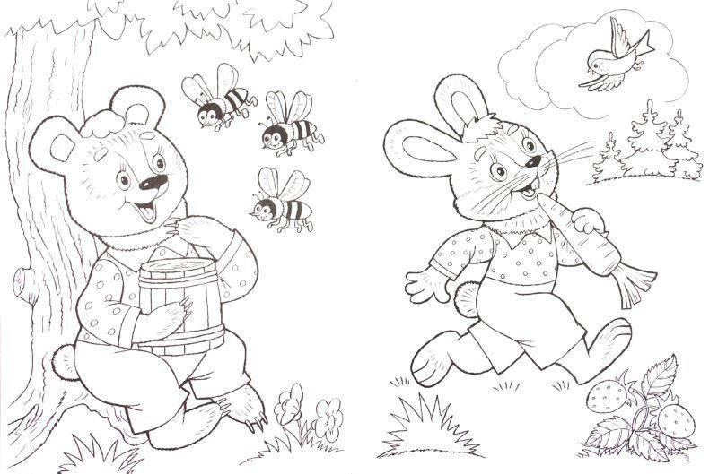 Coloring Bear with honey, Bunny with carrot, butterflies, bees.. Category Nature. Tags:  nature, forest, animals, insects.