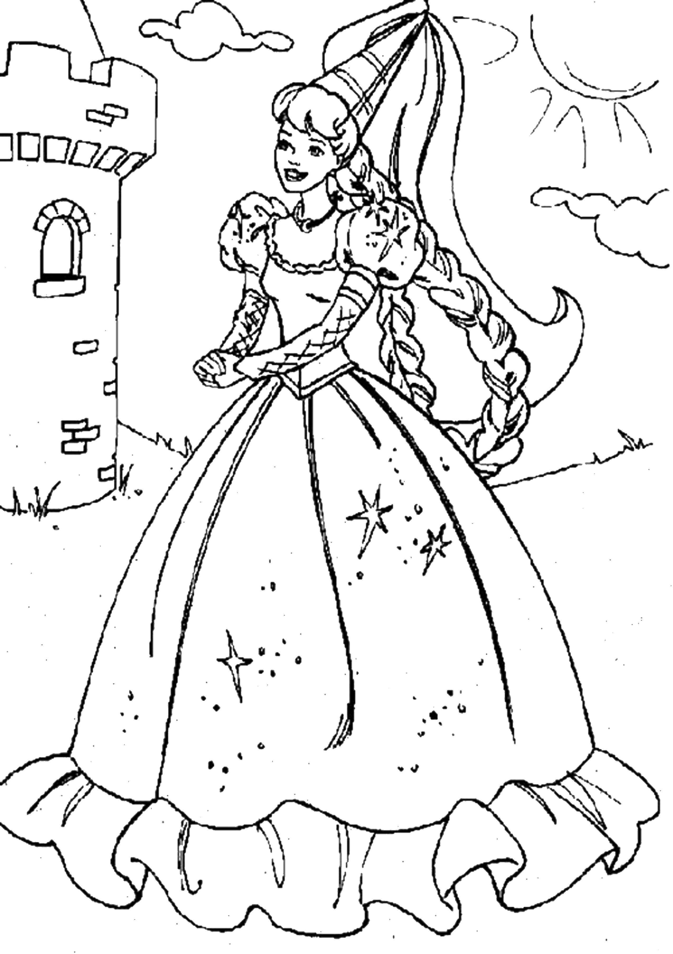 Название: Раскраска Принцесса волшебного замка. Категория: Принцессы. Теги: Принцесса, платье, замок.