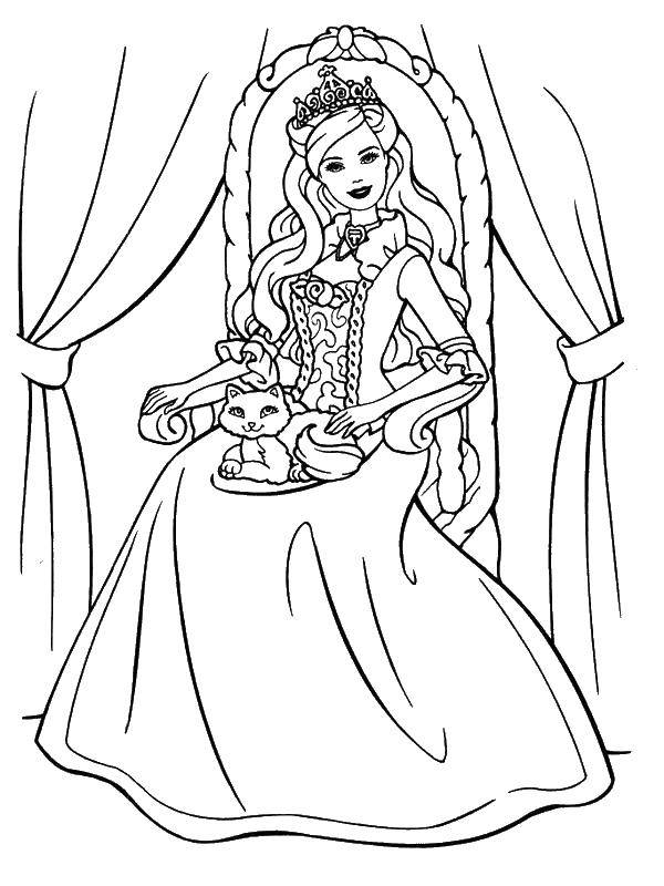 Розмальовки  Принцеса на троні з кішечкою. Завантажити розмальовку барбі принцеса, кішка.  Роздрукувати ,Барбі,