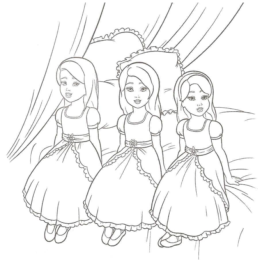Розмальовки  Три маленькі принцесски. Завантажити розмальовку барбі, принцеси, дівчатка.  Роздрукувати ,Барбі,