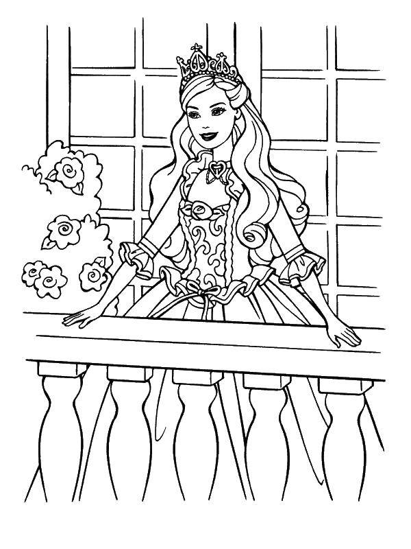 Название: Раскраска Принцесса стоит на балконе. Категория: Барби. Теги: принцесса, девочки, барби.