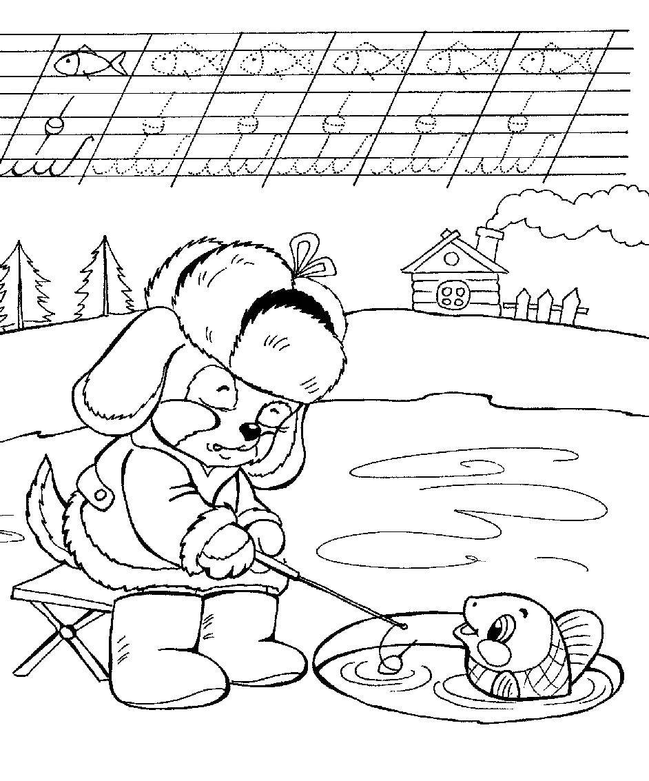 Coloring Dog catches fish in the pond. Category Animals. Tags:  dog, fish.