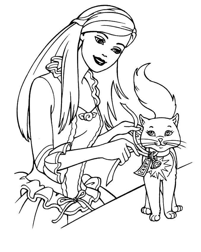 Опис: розмальовки  Барбі одягає кішці нашийник. Категорія: Барбі. Теги:  барбі, кішка.