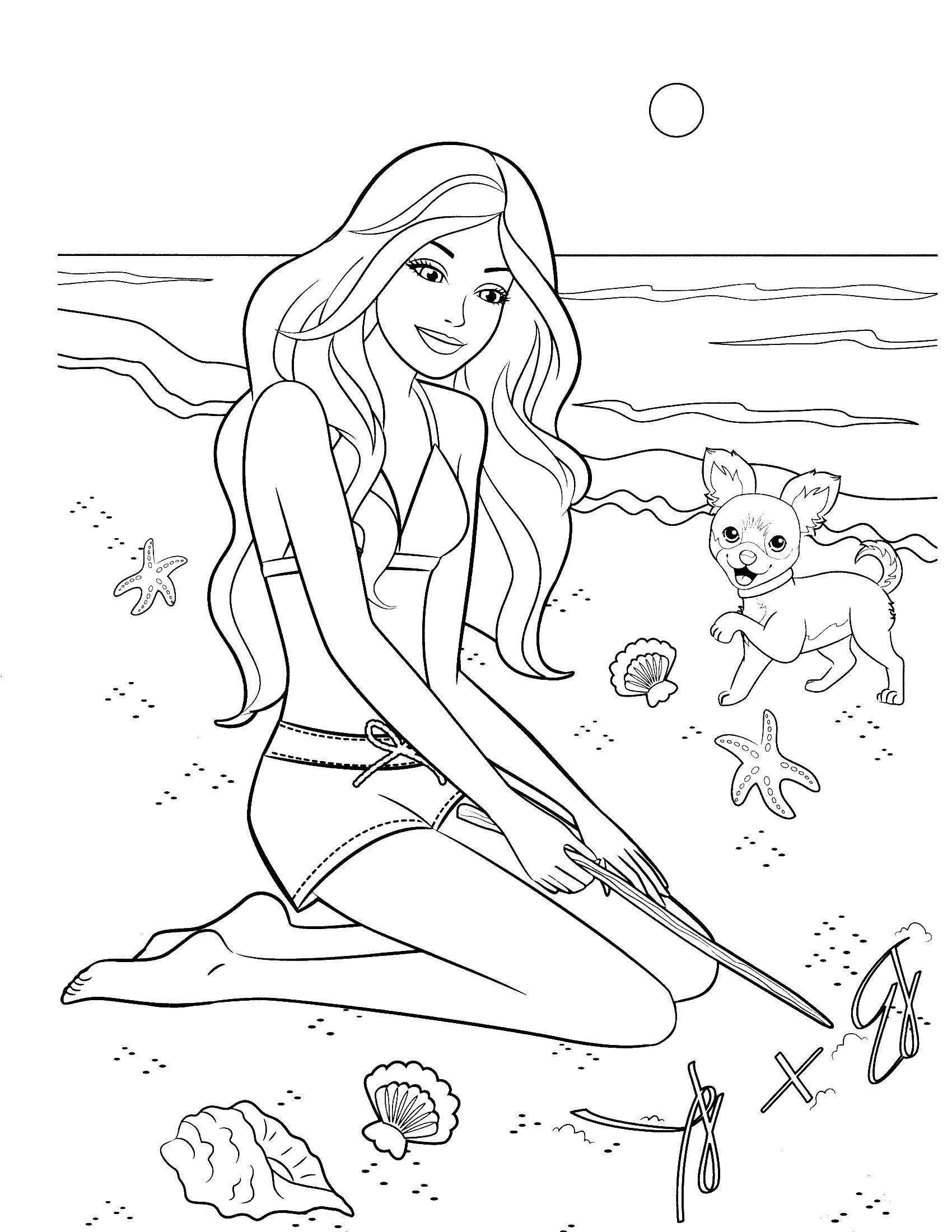 Розмальовки  Барбі зі своєю собачкою на пляжі. Завантажити розмальовку барбі, дівчинка, лялька.  Роздрукувати ,Барбі,