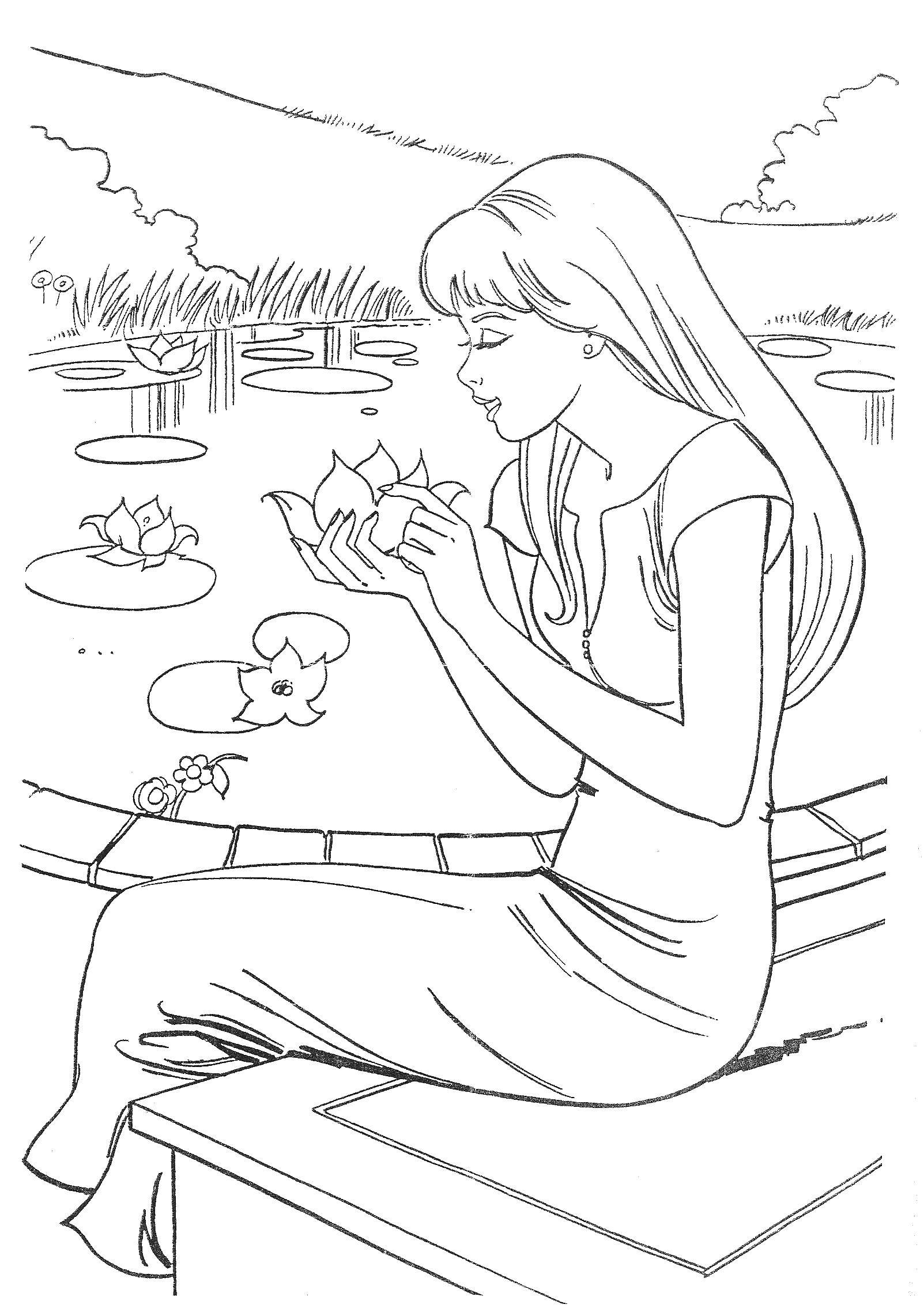 Опис: розмальовки  Барбі біля ставка. Категорія: Барбі. Теги:  барбі принцеса, ставок.