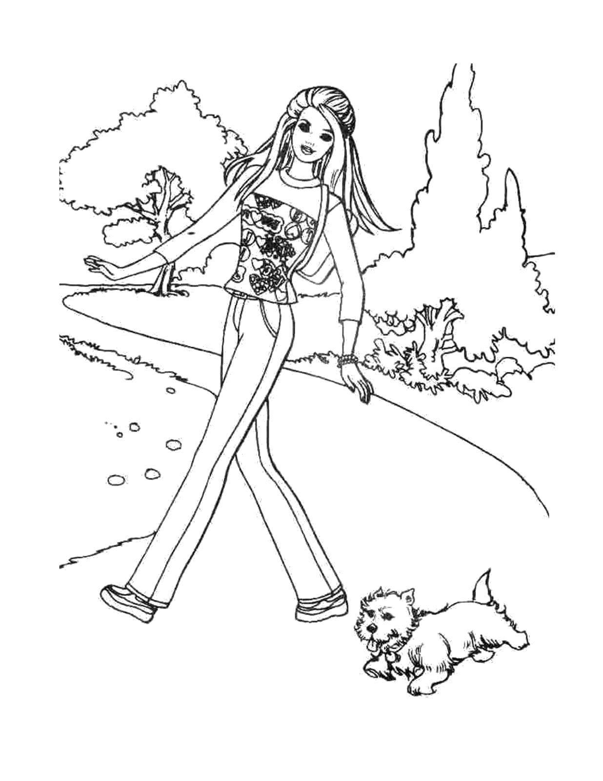Название: Раскраска Барби на прогулке со своей собачкой. Категория: Барби. Теги: барби, девочка, кукла, собачка.