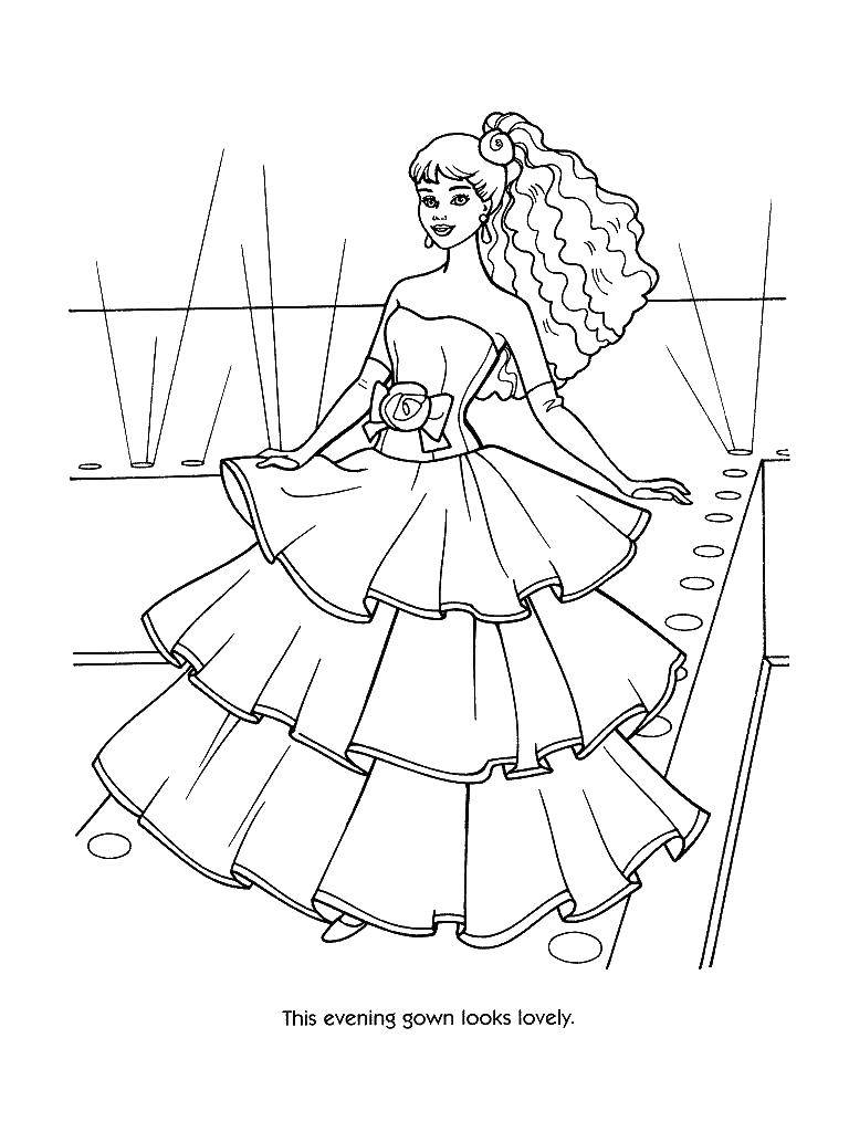 Название: Раскраска Вечернее платье потрясаюше выглядит. Категория: Барби. Теги: барби, вечернее платье.