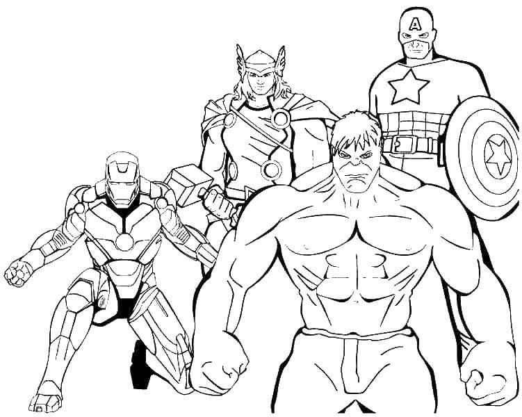 Coloring Captain America, Hulk, Thor, iron jelovac. Category superheroes. Tags:  Captain America, Hulk, Thor, iron man.