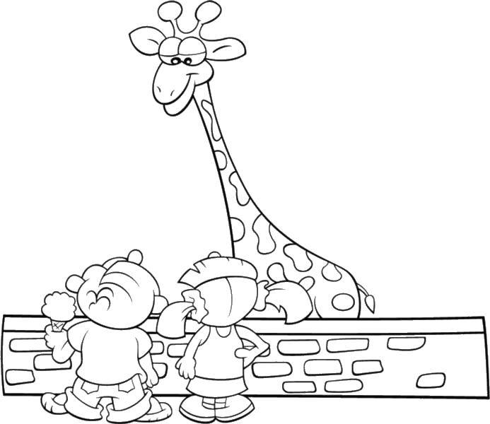 Название: Раскраска Дети смотрят на жирафа. Категория: зоопарк. Теги: Дети, зоопарк, жираф.