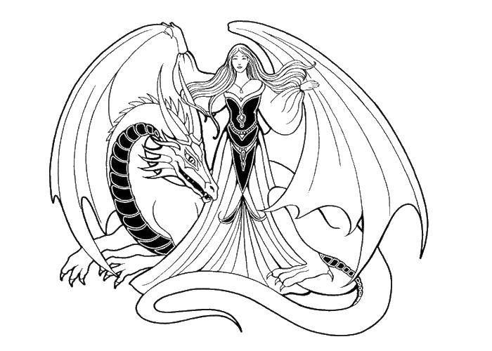 Название: Раскраска Девушка с драконом. Категория: Драконы. Теги: девушка, дракон, крылья.
