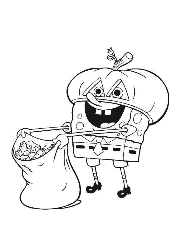 Coloring Spongebob and candy bag. Category Spongebob. Tags:  sponge Bob, pumpkin, bag, sweets.