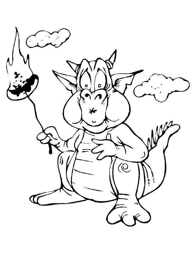 Coloring Dragon and fried sausage. Category Dragons. Tags:  dragon, dog, fire, stick.