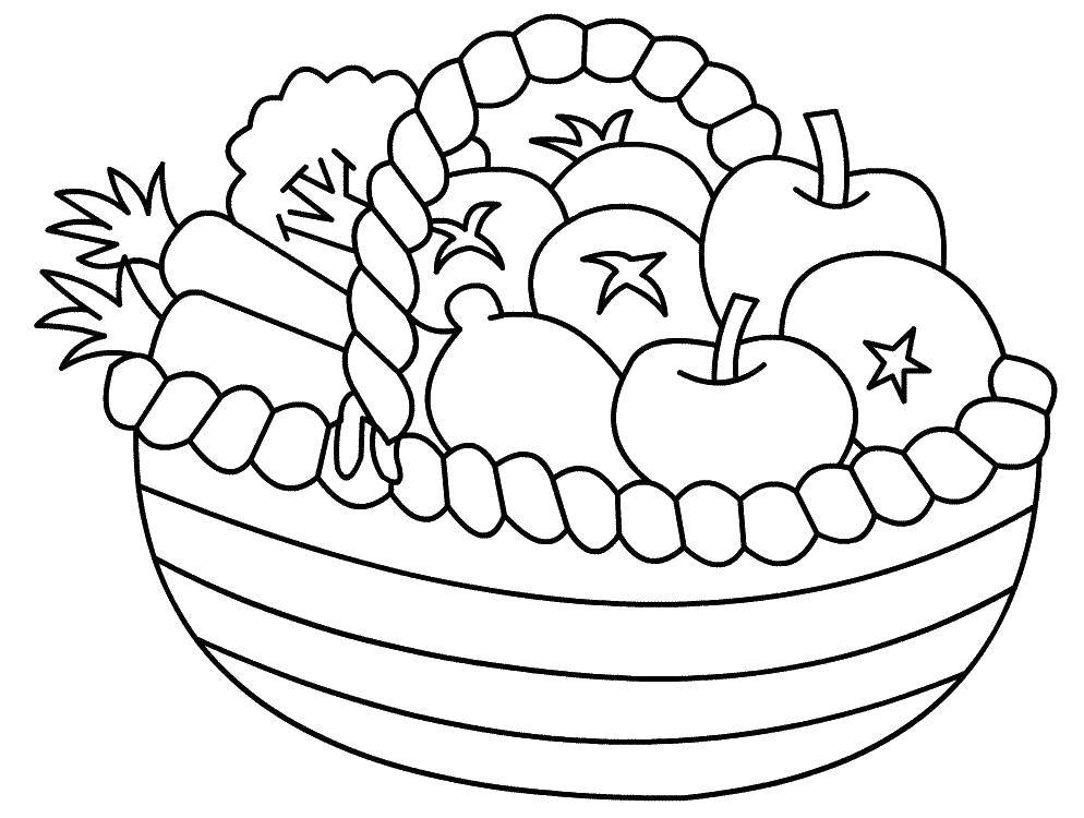 Раскраска Фрукты и овощи в корзине Скачать ,Овощи, фрукты, ягоды,.  Распечатать 