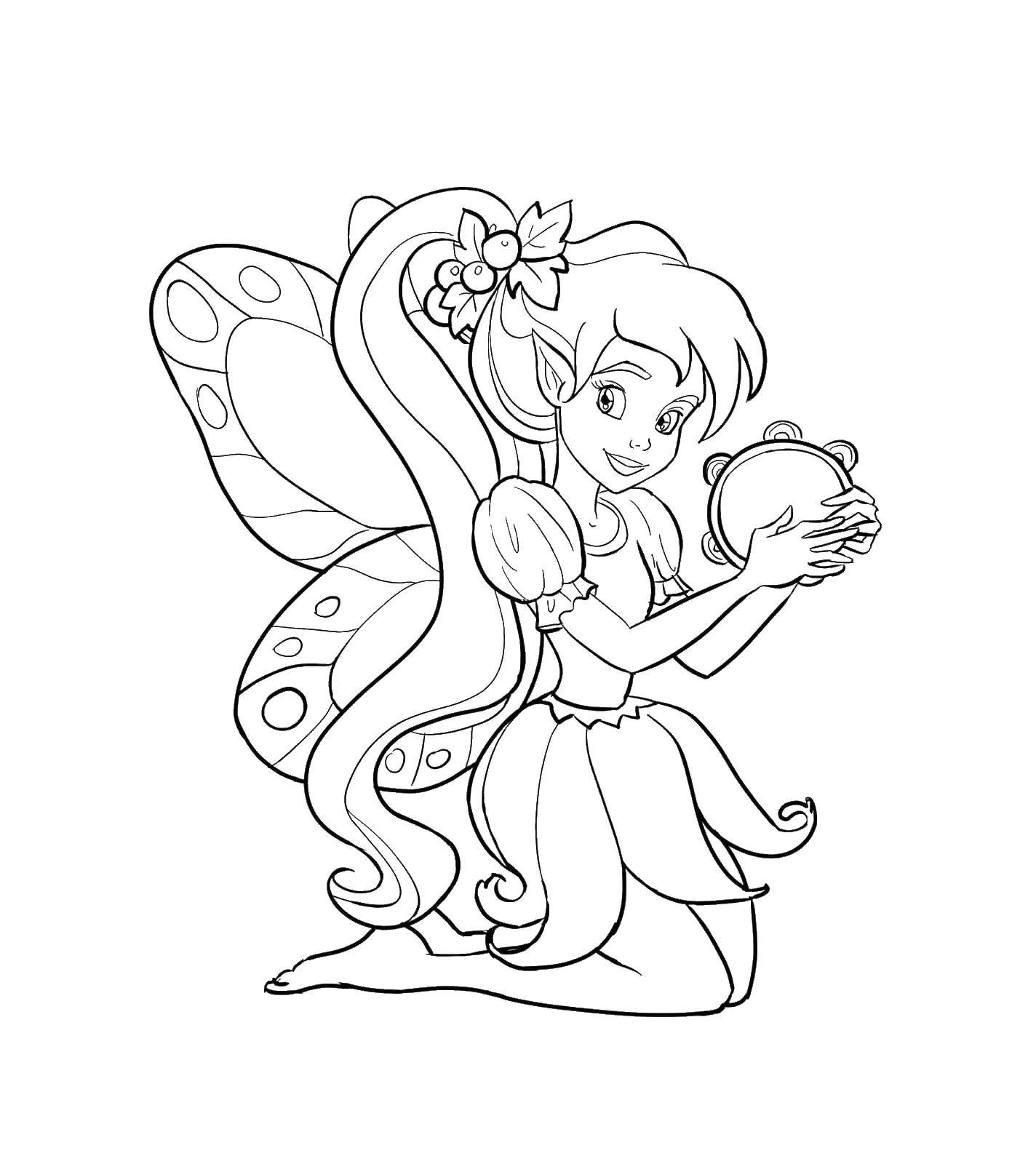 Coloring Fairy tambourine. Category fairies. Tags:  Fairy, forest, fairy tale.
