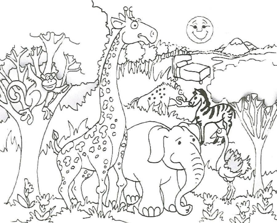 Название: Раскраска Обезьяна, жираф, слон, страус, зебра и гиена гуляют в лесу. Категория: Животные. Теги: Лес, природа, животные, солнце.