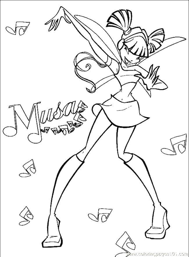 Розмальовки  Муза любить музику. Завантажити розмальовку Персонаж з мультфільму, Winx.  Роздрукувати ,Вінкс,
