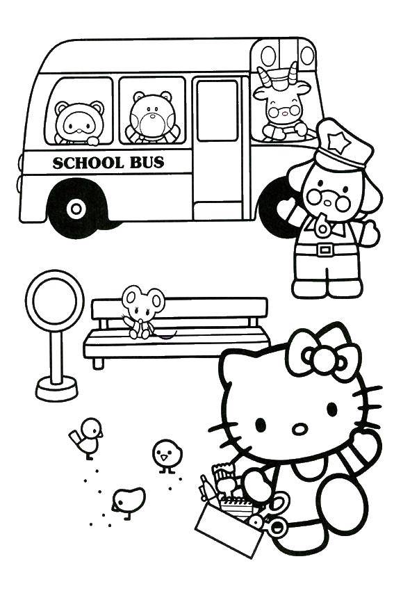 Розмальовки  Хеллоу кітті і шкільний автобус. Завантажити розмальовку Хеллоу Кітті, шкільний автобус.  Роздрукувати ,Хеллоу Кітті,