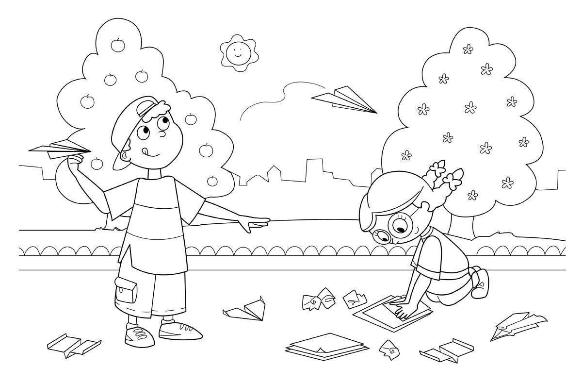 Coloring Children allowed paper airplanes outdoors. Category Nature. Tags:  Children, game, nature.
