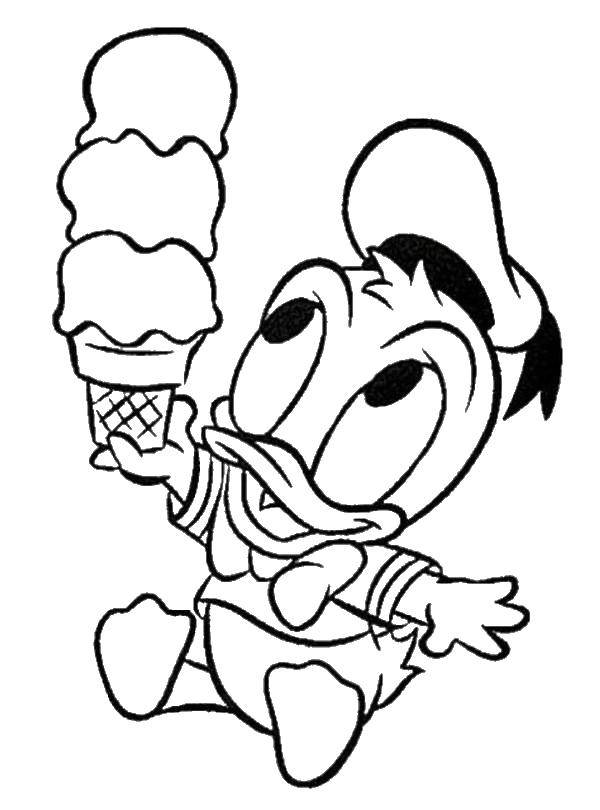 Coloring Donal duck with a ball of ice cream. Category Disney coloring pages. Tags:  Donald duck, Mickey mouse.