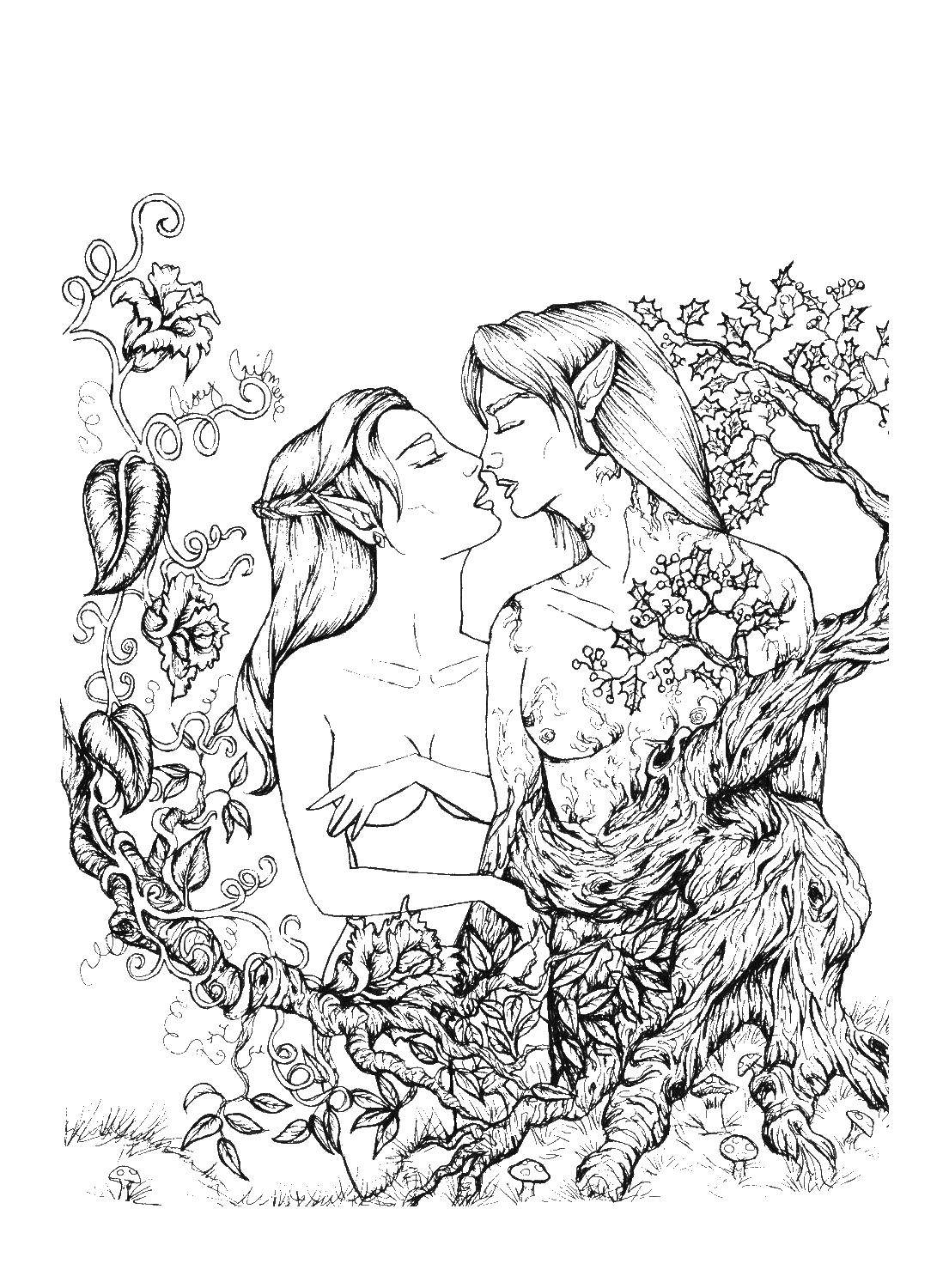 Coloring Elves kissing. Category For teenagers. Tags:  elves.