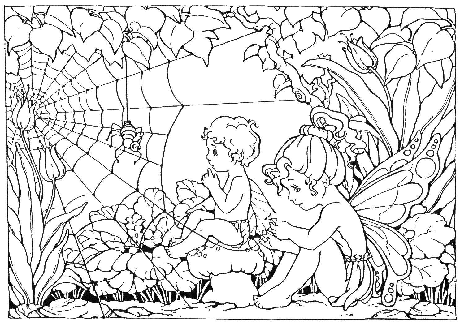 Coloring Fairies gather cobwebs. Category fairies. Tags:  fairies, web.