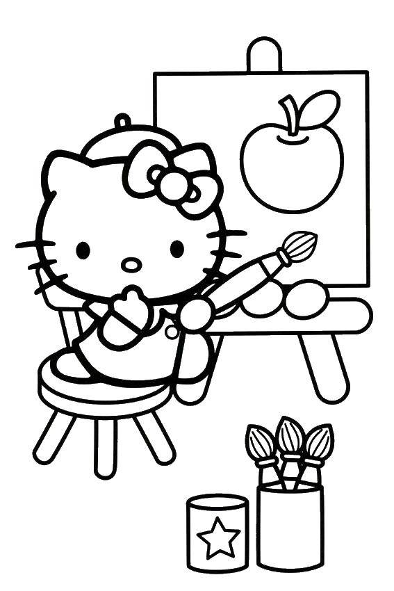 Название: Раскраска Хэллоу китти рисует яблоко. Категория: Хэллоу Китти. Теги: хэллоу китти, рисование.