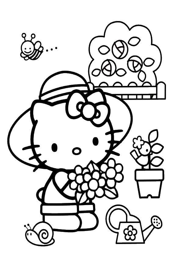 Название: Раскраска Хэллоу китти в саду. Категория: Хэллоу Китти. Теги: Хэллоу Китти, сад, цветы.