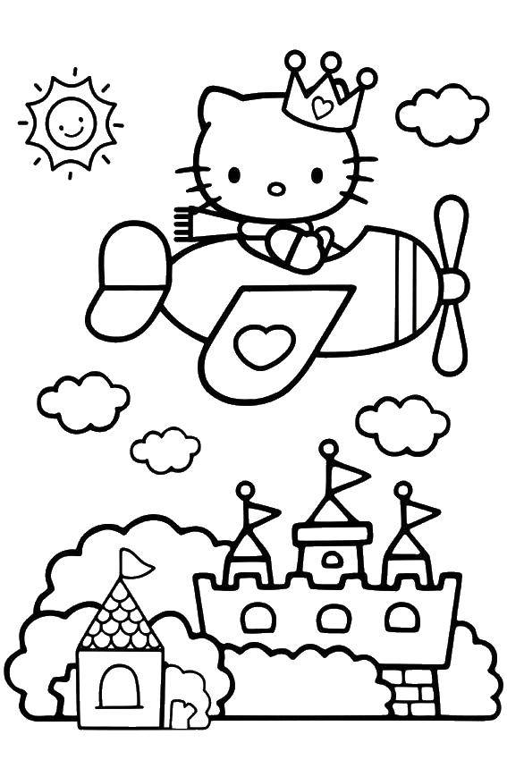 Coloring Kitty Princess flying on a plane. Category Hello Kitty. Tags:  Kitty, Airplane.