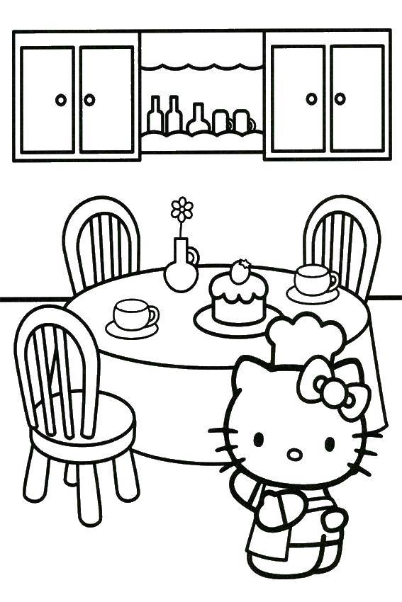 Название: Раскраска Хэллоу китти накрывает на стол. Категория: Хэллоу Китти. Теги: Хэллоу Китти, стол, сервировка.