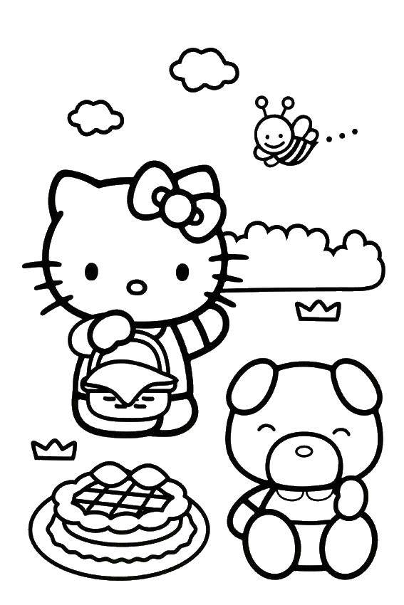 Coloring Hello kitty with Teddy bear on a picnic. Category Hello Kitty. Tags:  Hello kitty, bear.