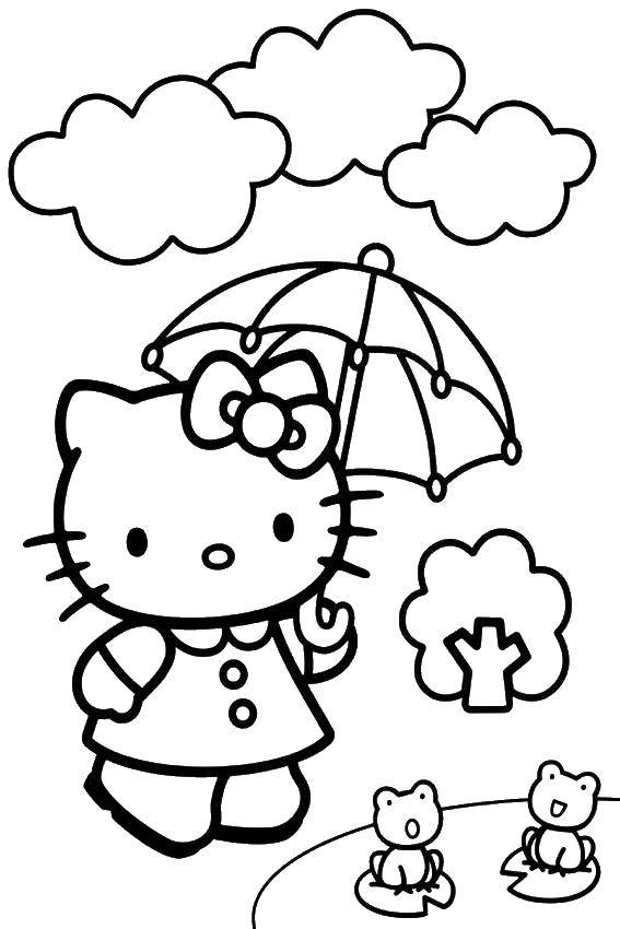 Название: Раскраска Китти идет с зонтиком. Категория: Хэллоу Китти. Теги: китти, зонтик.