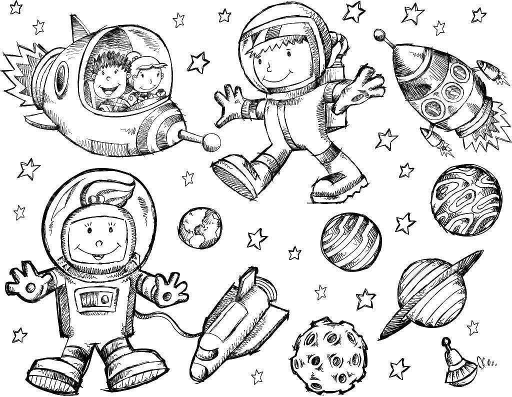 Название: Раскраска Космонавты, планеты, ракеты. Категория: Космос. Теги: космос, космический корабль, ракеты, космонавты.
