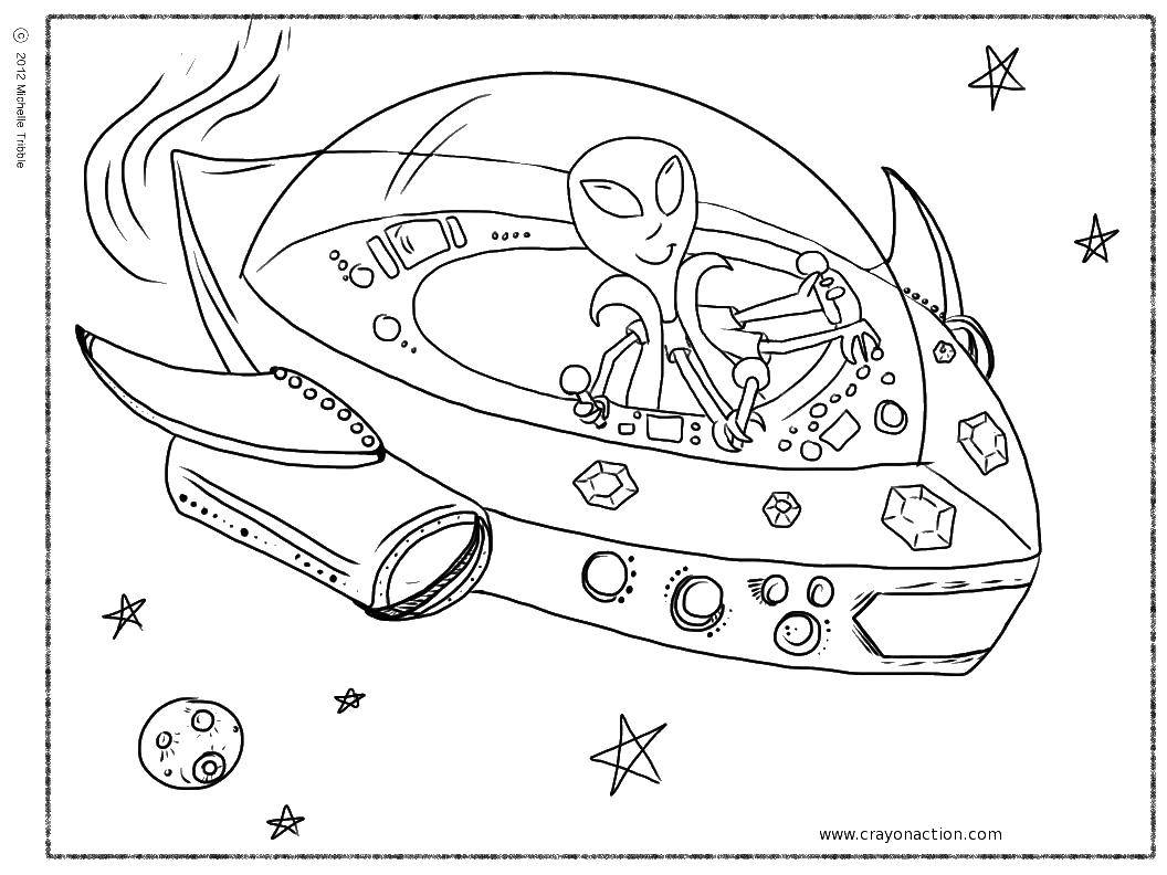 Coloring Alien on a flying ship. Category Space. Tags:  space, aliens, spaceship.