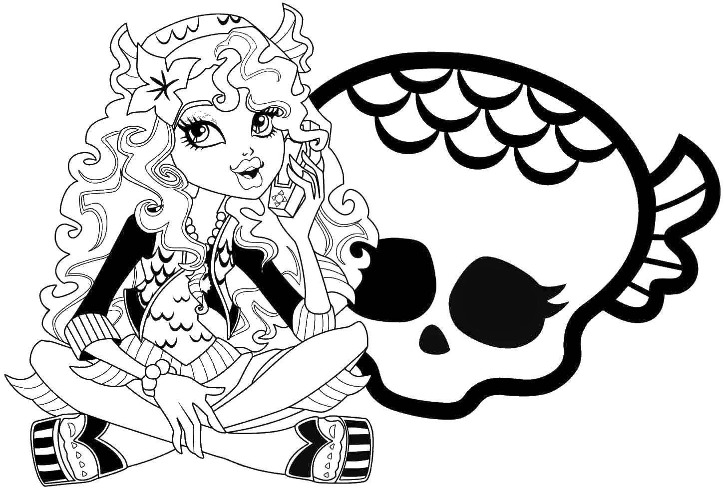 Coloring Monster high doll in the background of the skull. Category Monster high. Tags:  Monster high, doll, cartoon, skull.