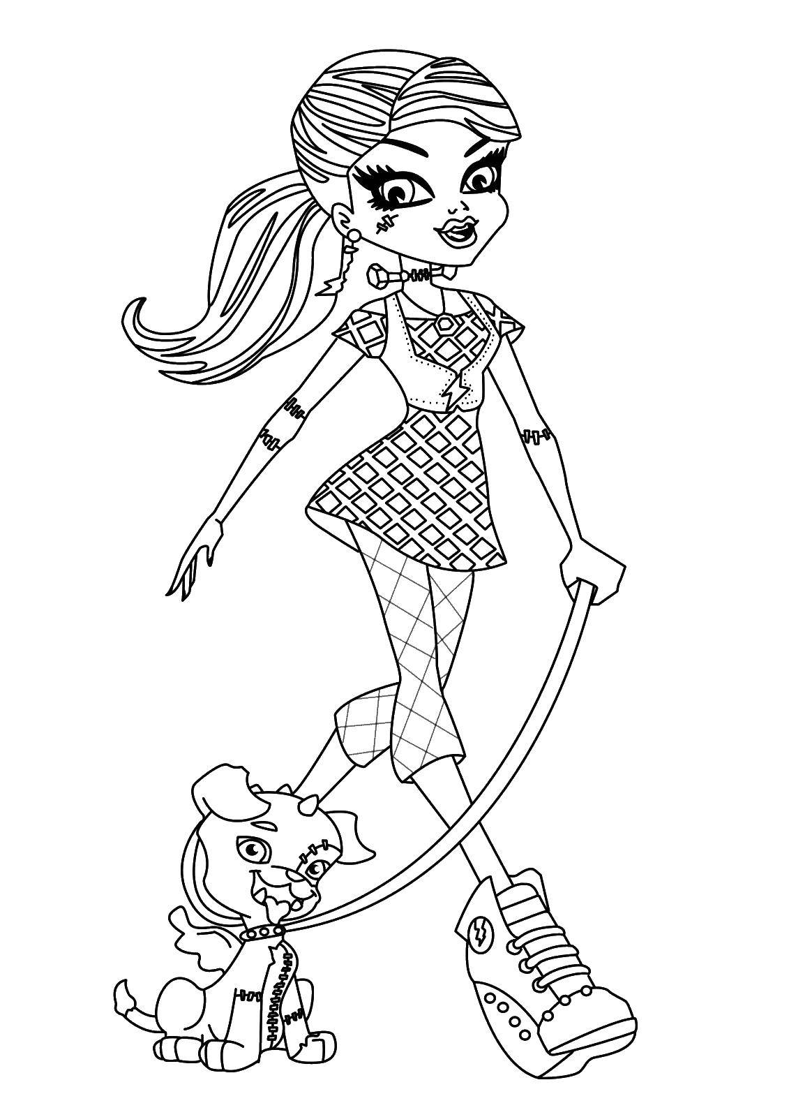 Coloring Monster high doll with a dog. Category Monster high. Tags:  Monster high, doll, cartoon, dog.