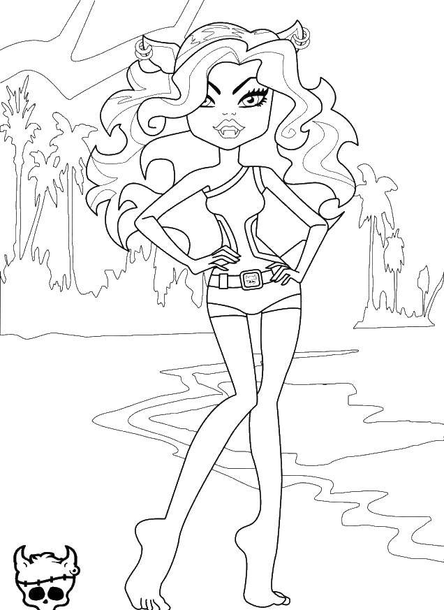 Coloring Monster high on the beach. Category Monster high. Tags:  Monster high, doll, cartoon, beach.