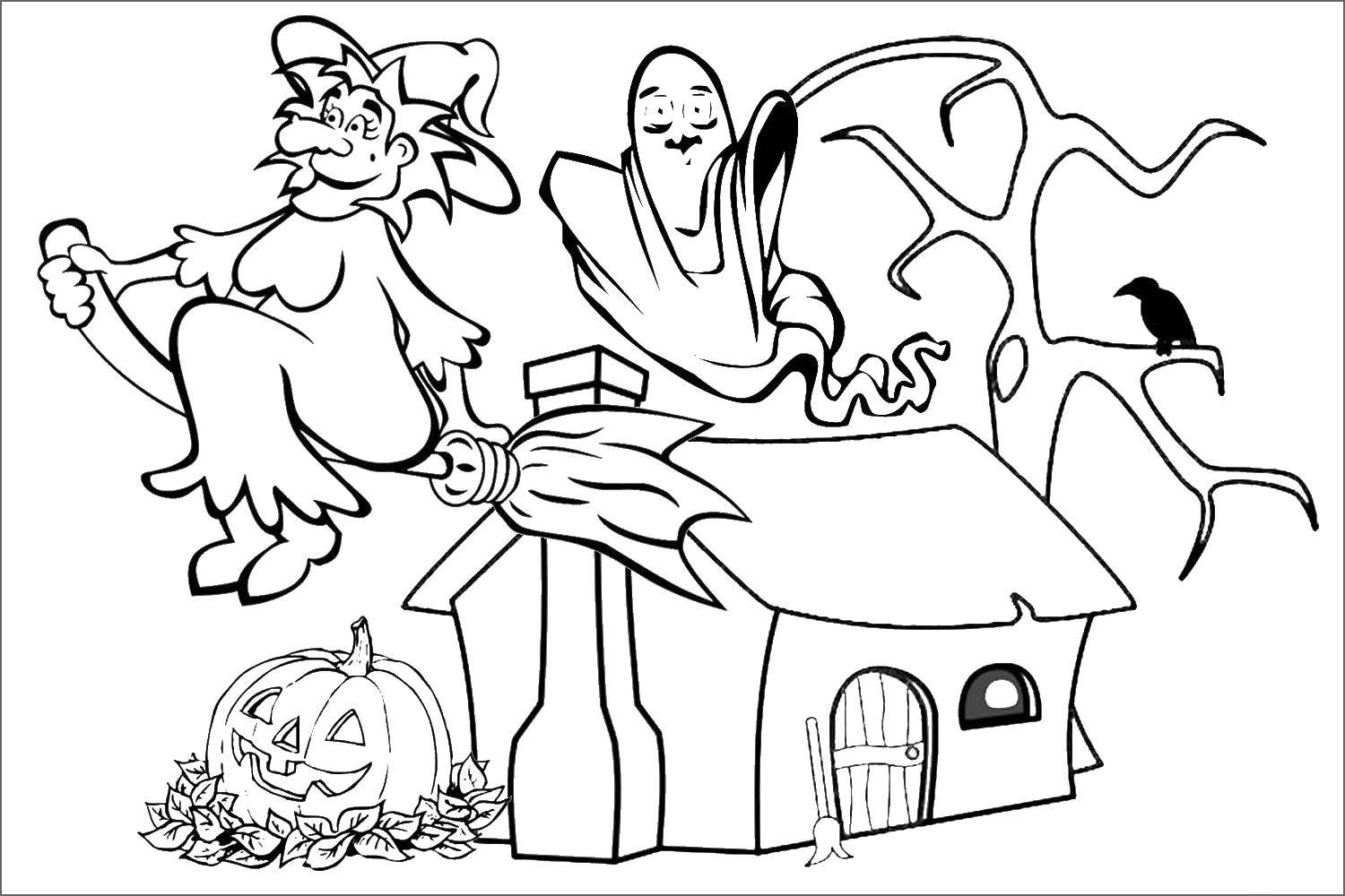 Coloring Witch, Ghost, pumpkin. Category Halloween. Tags:  Halloween, witch, Ghost, pumpkin.
