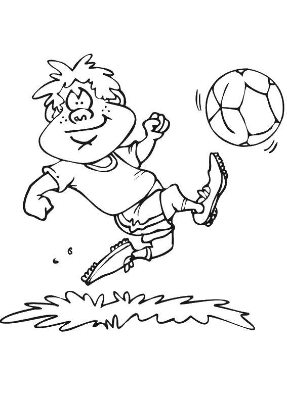 Название: Раскраска Мальчик пинает мяч. Категория: спорт. Теги: Спорт, дети, мяч, игра.