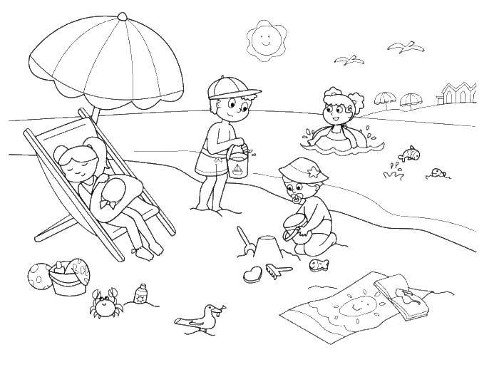 Название: Раскраска Дети играют на пляже. Категория: Пляж. Теги: пляж, песок, вода, дети.