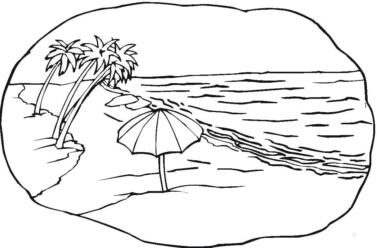 Название: Раскраска Картина пляжа. Категория: Летний пляж. Теги: Пляж, песок, мяч, пальма, серфинг.