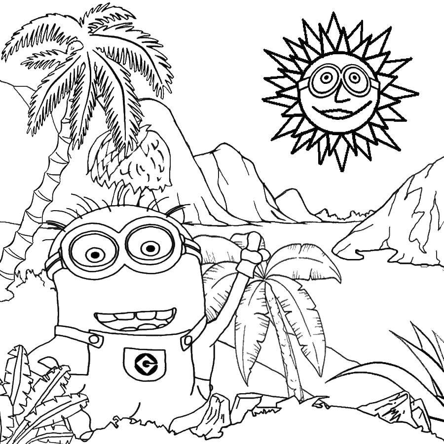 Название: Раскраска Миньон в тропиках. Категория: Летний пляж. Теги: Персонаж из мультфильма, Миньоны.