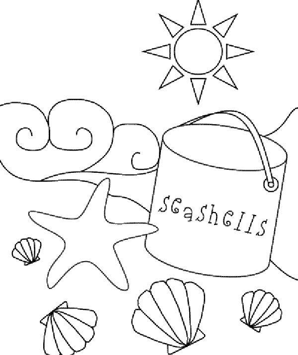 Название: Раскраска Пляж. Категория: Летний пляж. Теги: пляж, песок, ракушки, звезда, ведерко.