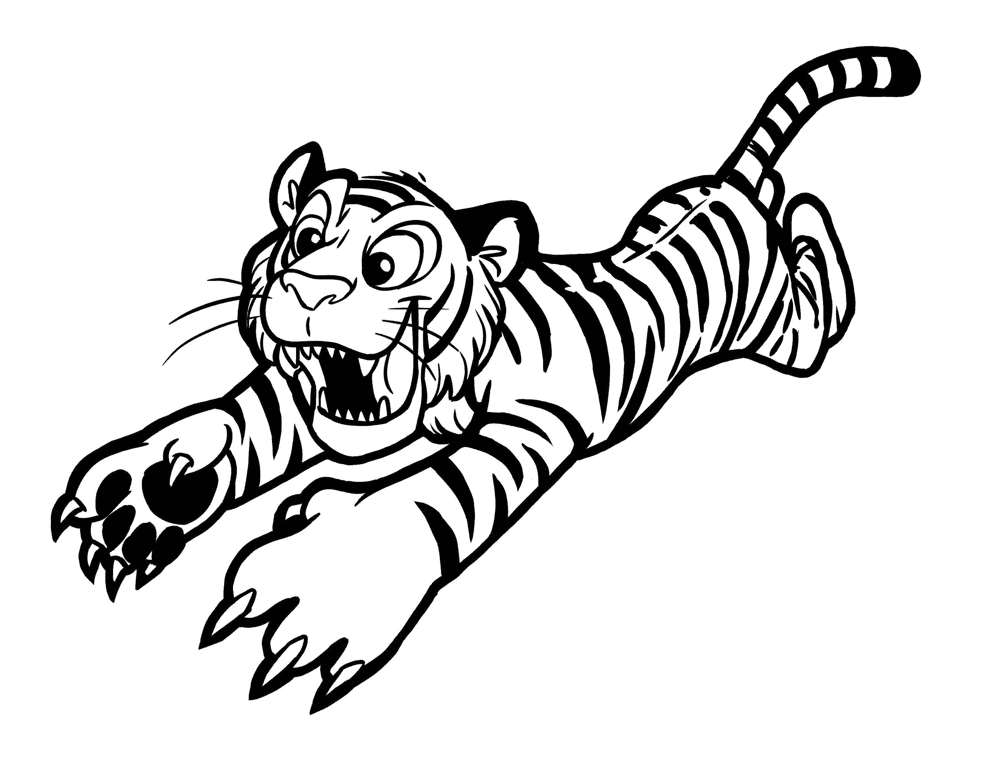 Розмальовки  Тигр нападає. Завантажити розмальовку тигр, тварини.  Роздрукувати ,дитинчата тварин,