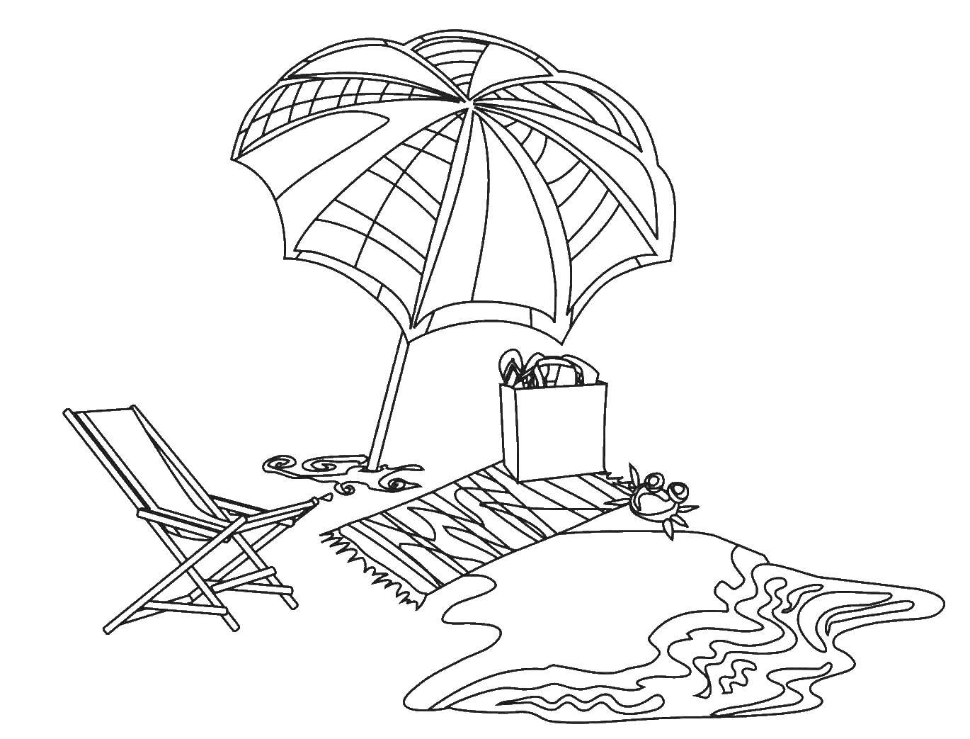 Название: Раскраска Пляж. Категория: Летний пляж. Теги: пляж, шезлонг, зонтик, полотенце.