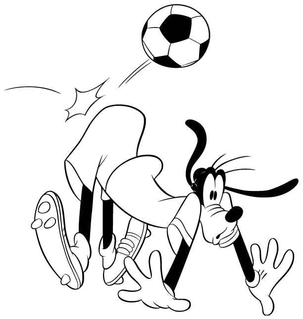 Название: Раскраска Гуфи получил удар мячом. Категория: спорт. Теги: Спорт, игра, мяч, футбол, персонаж из мультфильма, Гуфи.