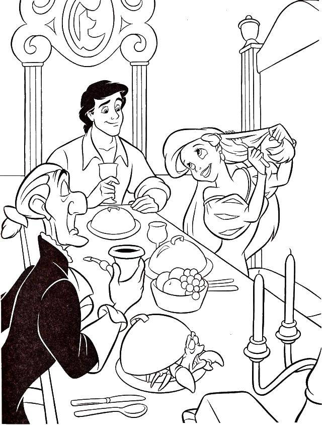 Название: Раскраска Ариэль на ужином. Категория: Русалочка. Теги: русалка, принцесса, Ариэль, ужин.
