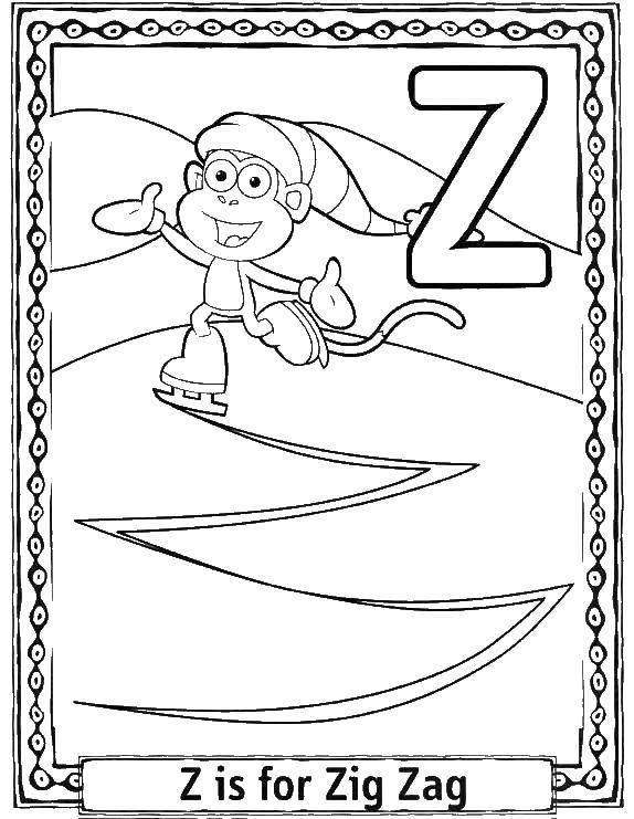 Название: Раскраска Башмачок катается на коньках. Категория: Английский алфавит. Теги: башмачок, дора, обезьяна.
